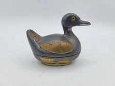 Vintage Pewter Figural Duck Lidded Trinket Box Dish With Brass Accents Figurine