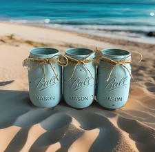 Set of 3 chalk painted distressed mason jar vases  mix  match colors 