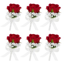 Set of 6 Red Rose Boutonniere for Men, Groom and Best Man Artificial Flowers ...