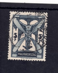 HUNGARY Scott # C34 USED / XF 5p Man with Propeller Air Mail Stamp; SCV $144.00