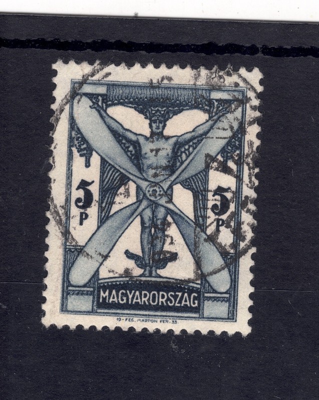 HUNGARY Scott # C34 USED / XF 5p Man with Propeller Air Mail Stamp; SCV $144.00