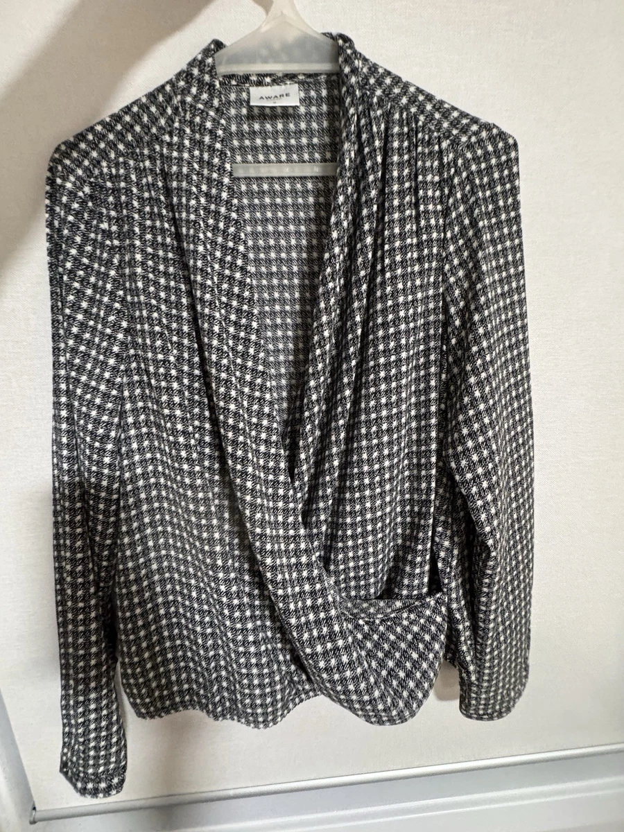 Aware by Vero Moda Black White Check Wrap V-Neck Long Sleeve Blouse M