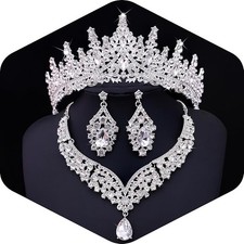 Tiaras Crowns for Women Earrings Necklace Crystal Bridal Jewelry Set Silver