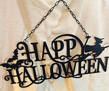 Happy Halloween Black Metal Hanging Wall Sign Plaque Witch Silhouette 24x11"