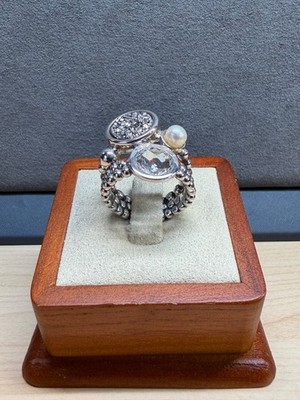 MICHAEL DAWKINS Ring Sterlingsilber Druzy Kristall Quarz & Zuchtperlen Größe 7