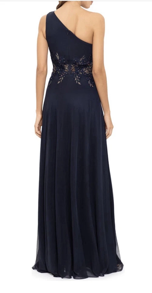 Betsy & Adam Navy One-Shoulder Lace Flower Gold Sequin Embellished Gown Size 4 - Image 2 of 4