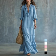 Women's V-Neck Maxi Dress Long Sleeve Layered Flowing Casual Ruffled Hem Dress