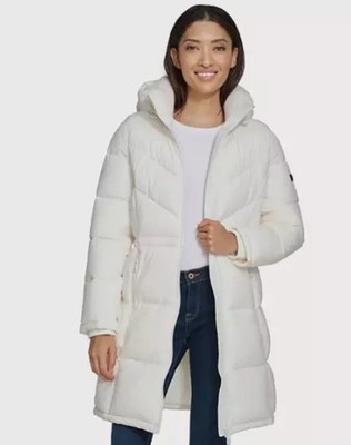 DKNY Women's Chevron Walker Pearl Long Puffer Zip Up Coat Jacket Size M