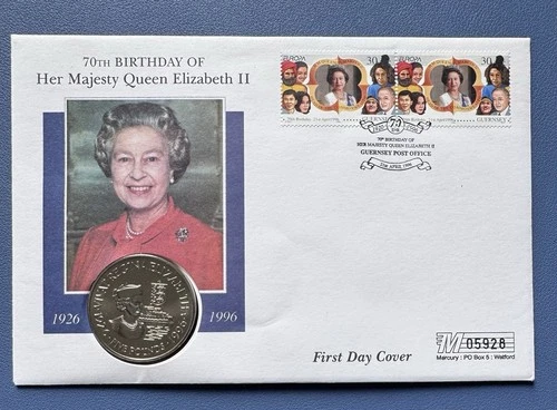 1996 Guernsey Vivat Regina £5 Coin PNC. QEII 70th Birthday. 2 Stamps 05928