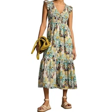 Anthropologie Peregrine Floral Smocked Midi Dress Ruffle Sleeves Casual Buttons