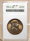 1954-S FRANKLIN HALF DOLLAR ANACS MS65 405157 - OLD HOLDER - NICELY TONED