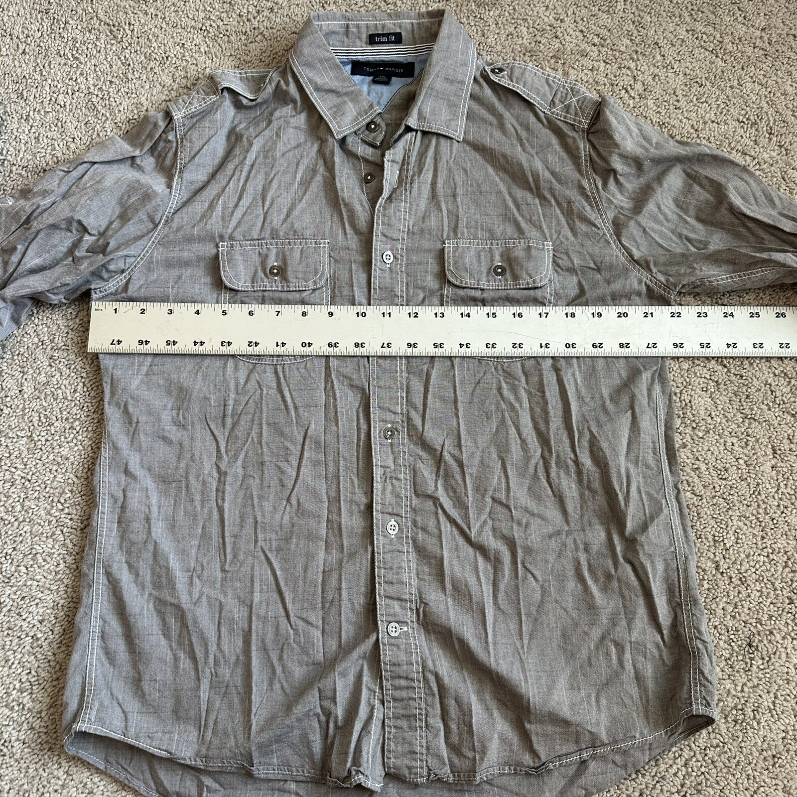 Tommy Hilfiger Trim Fit Button Up Shirt Men's Sz L Grey Roll Tabs Metal Buttons thumbnail 8