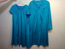 Vintage Shadowline Nightgown  Robe Lingerie Set Size Large Teal Embroidered Top