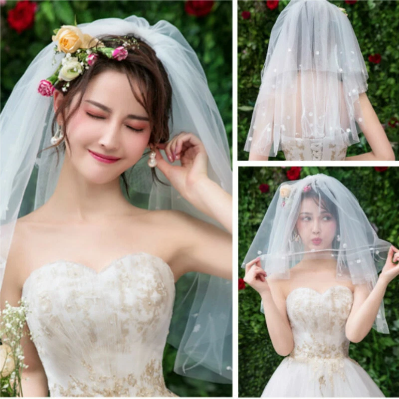 Elegant Short Bridal Tulle Veils Two Layers with Comb Wedding Accessories White - Image 4 of 4