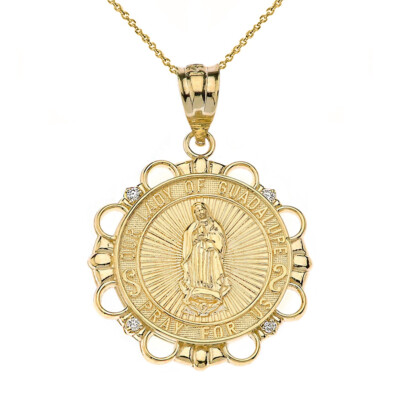 10k Solid Gold Diamond Our Lady of Guadalupe Pray For Us Pendant ...