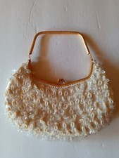 Vintage Hong Kong Beaded Clutch Purse White Ivory Gold Trim 8" x 4" Hinged Snap