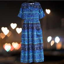 Cabernet Vintage Womens Midi Dress Button Front Short Sleeves Blue Floral Size S