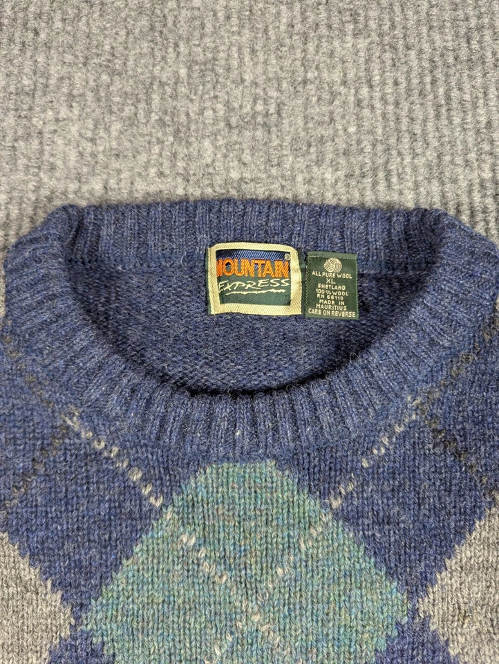 Vintage Mountain Express Sweater Mens XL Blue Argyle Shetland Wool Pullover - Image 3 of 4