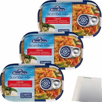 Rügenfisch Scomber Mix Makrelenfilets Gemüse Tomatenmark 3x120g Dose usy Block