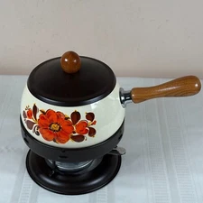 Vintage MCM 70's Fondue Pot with Orange Flowers Lid Stand Sterno Can Japan
