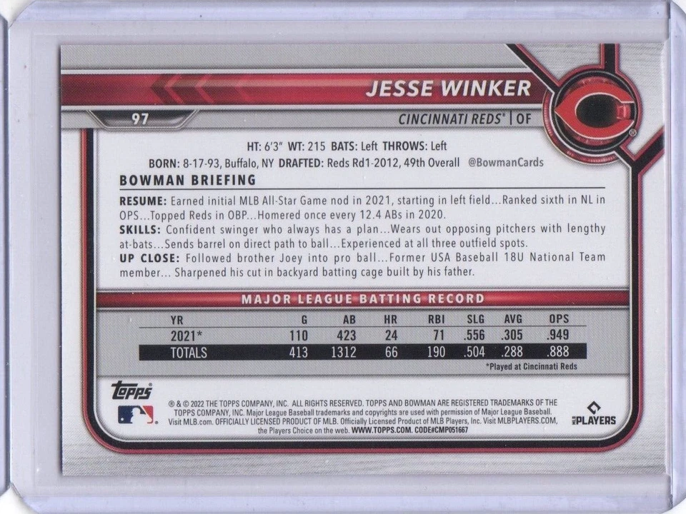 2022 Bowman Fuchsia Border /299 Jesse Winker #97 Paper Veteran Reds - Image 2 of 2