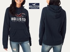 NWT Sz S Hollister Navy Blue Fleece Hoodie Pullover Sweatshirt Applique Logo New