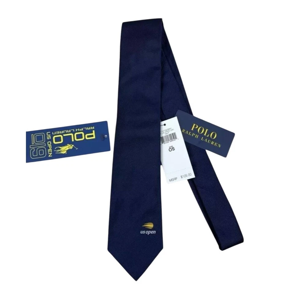 Corbata POLO Ralph Lauren US Open para hombre 100 % seda azul marino hecha en Italia nueva con etiquetas $125 Foto 3 de 4
