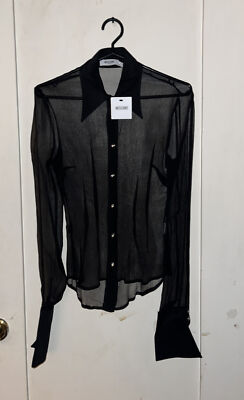 MOSCHINO Long Sleeve Black Transparent Silk Shirt Blouse Heart