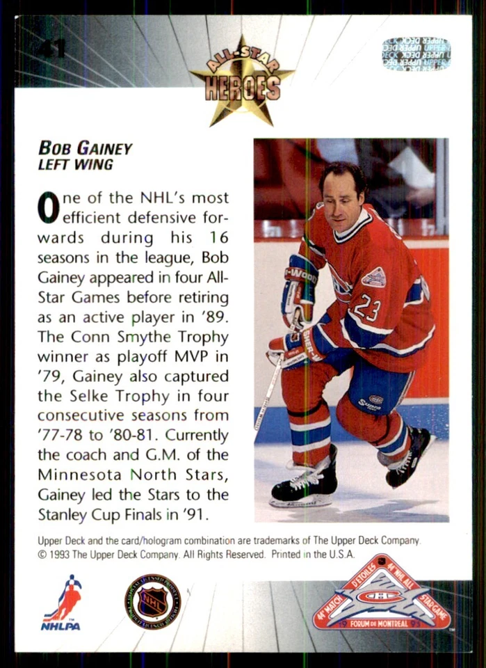 1992-93 Upper Deck - All-Stars Bob Gainey Montreal Canadiens #41 - Image 2 of 2