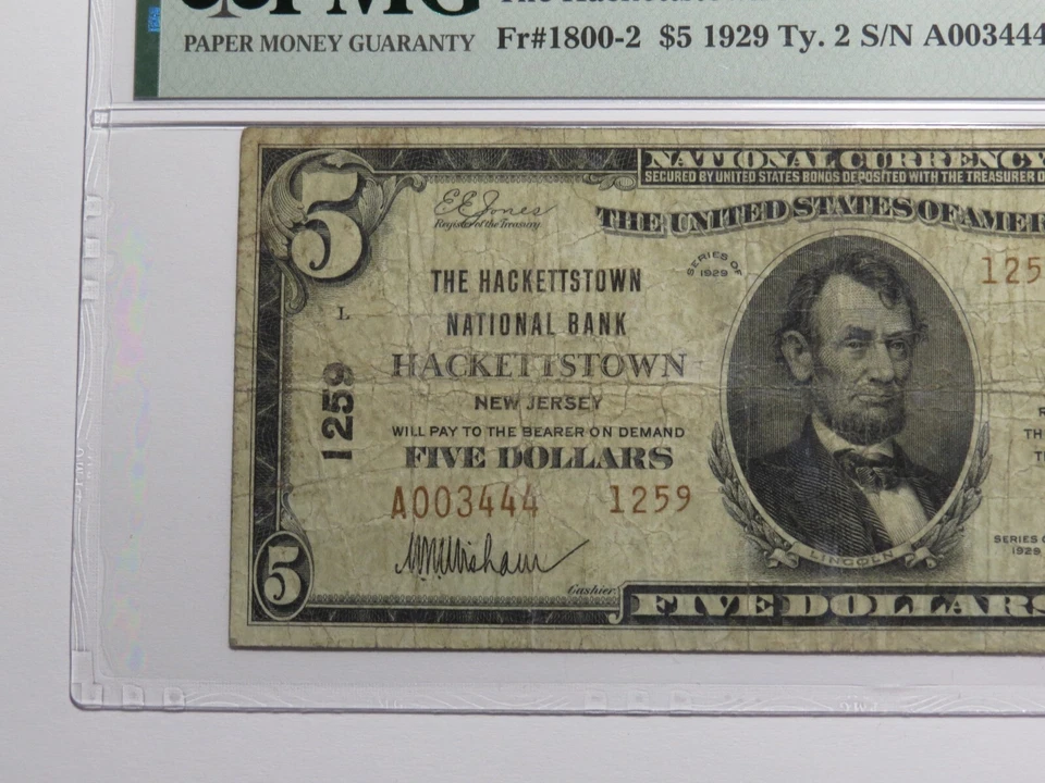$5 1929 Hackettstown New Jersey NJ National Currency Bank Note Bill Ch #1259 F15 - Image 3 of 4