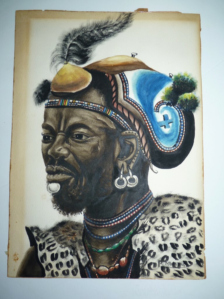 S L1200 P. Mweng nigerian? African artist superb painting of tribal chief 35. 5 x 25. 3 cm
