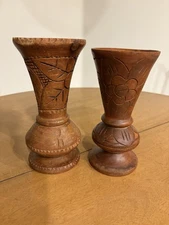2 MID CENTURY Hand Carved Solid Teak Wood Polynesian Table Vases 9.25" & 8.75"
