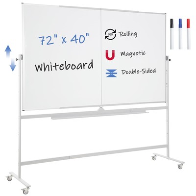 Large Magnetic Mobile Whiteboard 72''x40'', Rolling Double Sided Stand Whiteboa...