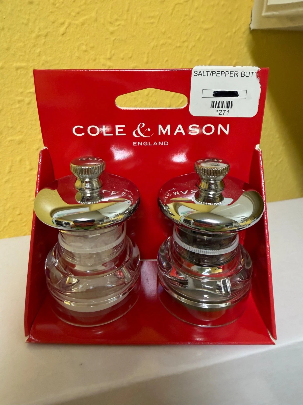 Cole & Mason England Grinder Button Mini Clear Salt and Pepper Mill Set 2.5" New