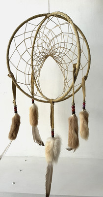 Vintage Native American Indian 3D Double Dream Catcher w Fur Feathers Beads