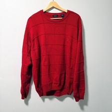 Vintage IZOD Sweater Mens Large Red 100 Cotton Textured Grid Knit Crewneck