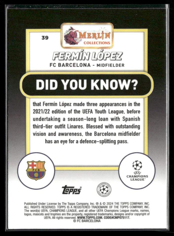 2024 MERLIN UEFA CHAMPIONS LEAGUE FERMIN LOPEZ RC FC BARCELONA #39 - Image 2 of 2