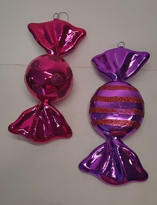 Large Plastic Candy Shaped Christmas Ornaments Set of 2 Pink Purple Dots Stripe