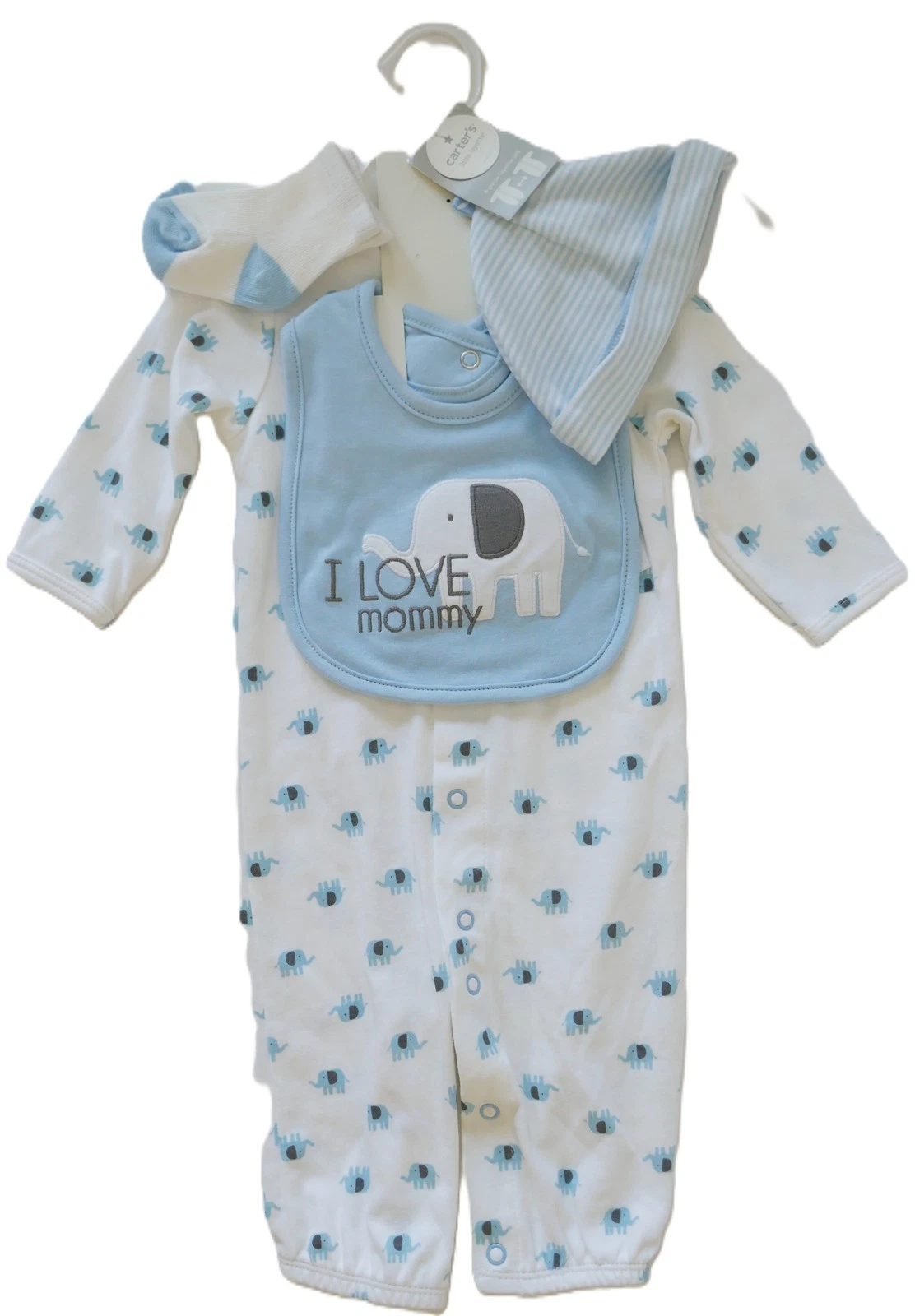 NWT Carters Layette 4pc Set Boy 6m Convertible Gown/Coverall+Socks+Bib ELEPHANTS