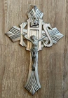 Vintage Art Deco Crucifix Cross Jesus Christ INRI IHS Religious Silver Tone Worn