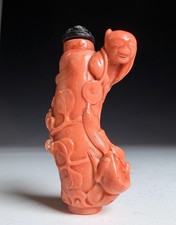 Superbly Carved Antique Chinese Coral Bottle with Figure and Toad