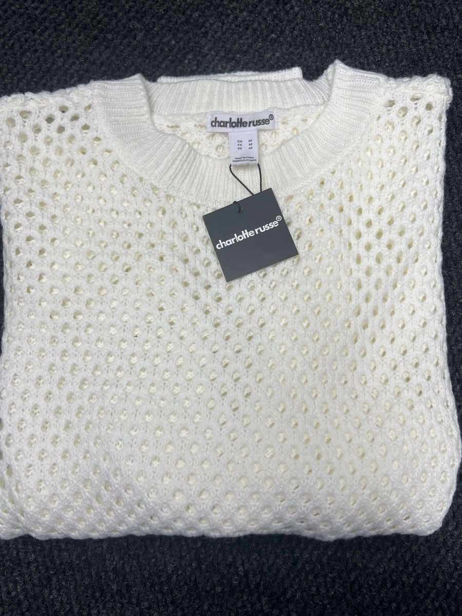 Charlotte Russe Crochet Ivory-Colored Sweater Medium- Open
