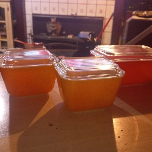 VTG Pyrex Refrig Dish Trio with Lids Coordinated Yellow & Orange (503 + 2×501)