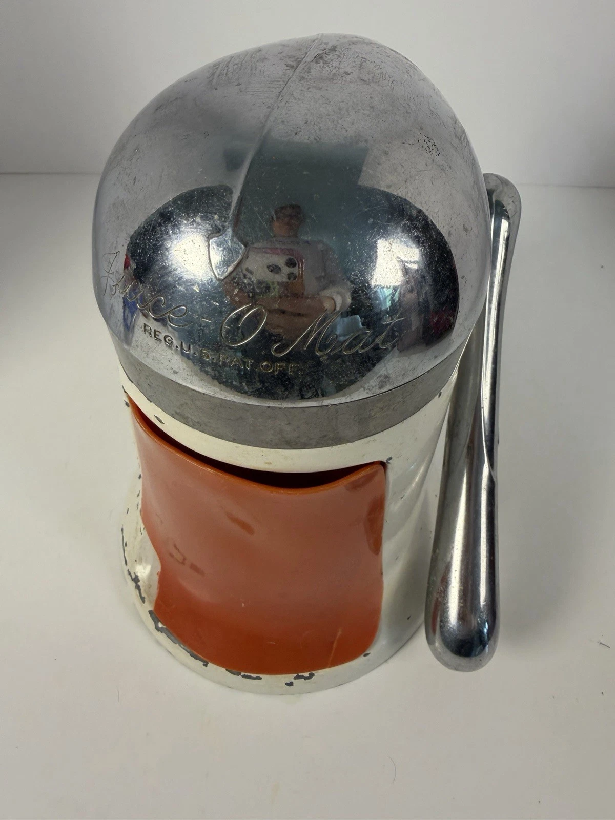 Juice-O-Mat Tilt Top Juicer RIVAL White Juice Maker Vintage 1940's Chrome orange