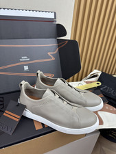Light Gray ZEGNA Triple Stitch Leather Slip-On Casual Trainers Men