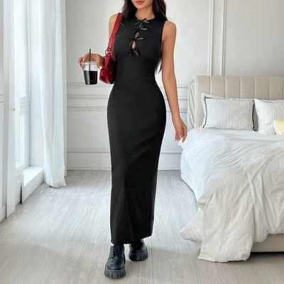 Lace Trimmed Black Polyester High Waist Sleeveless Long Dress For Spring Summer - Image 1 of 4