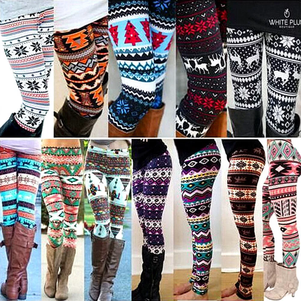 Women Warm Thick Leggings Christmas Patterned Pant Snowflake