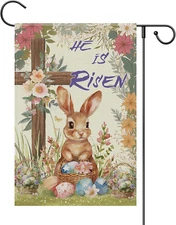 Easter Garden Flag, He Is Risen Cross Bunny Eggs Design, 12 X 18 Inches, Double-