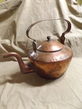 Primitive Antique 19th C Copper Tea Kettle J EBERT Goose Neck Spout Swing Handle