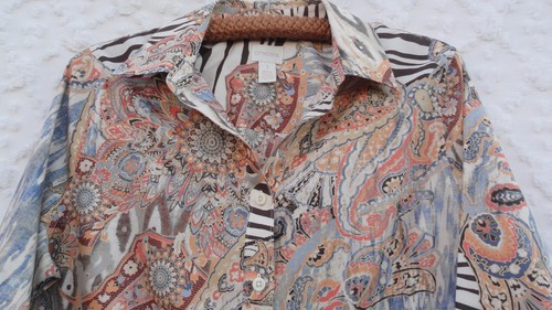 Chico's Blouse Misses L Tan Brown Ivory Blue Batik 100% Cotton Chico's Size 1 - Picture 4 of 9